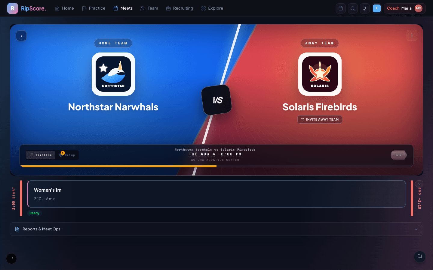 RipScore Meet Director cockpit showing the Northstar Narwhals vs Solaris Firebirds matchup and run-of-show timeline