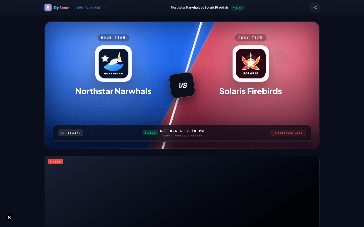 RipScore public meet page showing the live Northstar Narwhals vs Solaris Firebirds matchup
